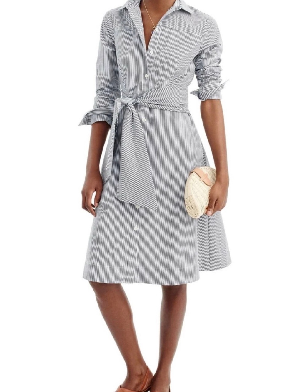 NEVER WORN J.CREW Women's Tie Waist Shirt Dress in dark Blue Striped.
